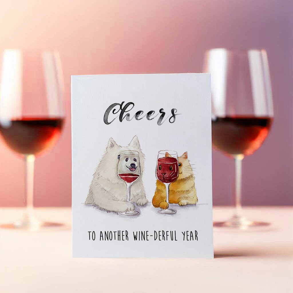 Cheers Happy New Year Card From Cat Dog - Red Wine Lovers Birthday Card For Best Friend- Liyana Studio Greeting Cards Handmade