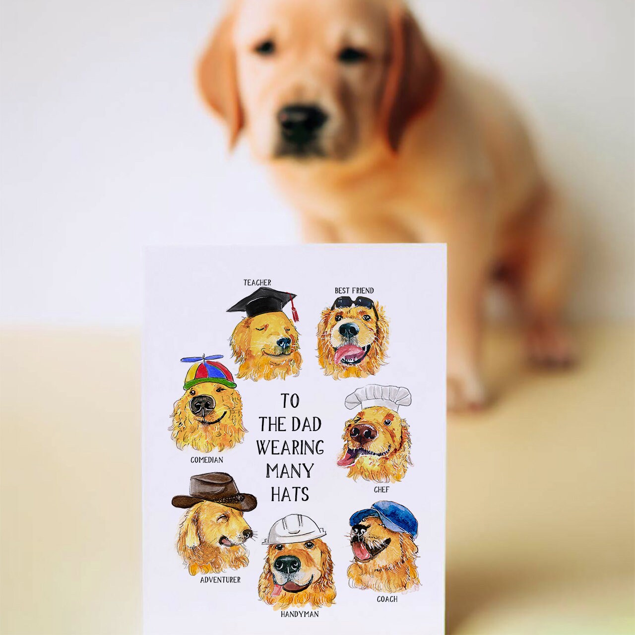 Dad Hats Funny Fathers Day Card From Kids - Golden Retriever Dog Birthday Card For Dad - Liyana Studio Greetings Handmade