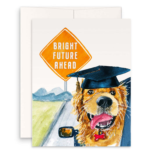 Funny Dog Graduation Cards For Class Of 2024 - Bright Future Ahead Road Trip Travel - Golden Retriever College Graduation Gift