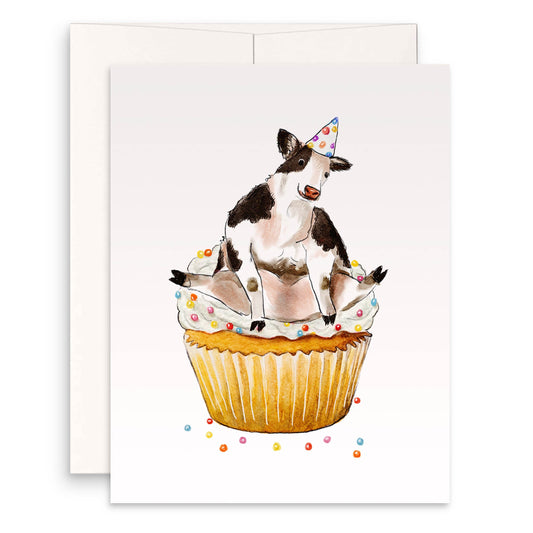 Cupcake Cow Birthday Cards For Her - Cute Farm Animals Birthday Card Funny - Liyana Studio Handmade Greeting Cards