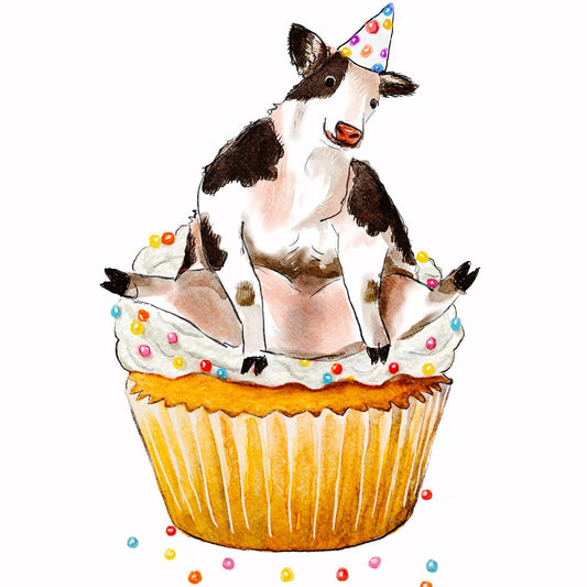 Cupcake Cow Birthday Cards For Her - Cute Farm Animals Birthday Card Funny - Liyana Studio Handmade Greeting Cards