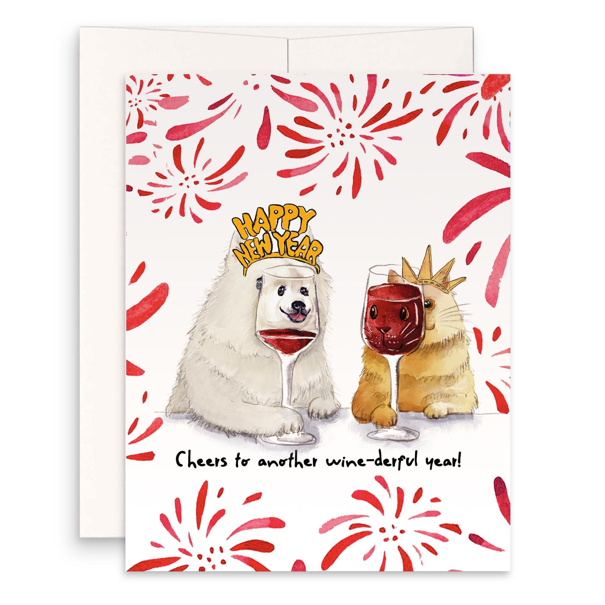 Cheers Happy New Year Card From Cat Dog - Red Wine Lovers Birthday Card For Best Friend- Liyana Studio Greeting Cards Handmade