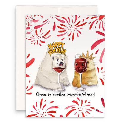 Cheers Happy New Year Card From Cat Dog - Red Wine Lovers Birthday Card For Best Friend- Liyana Studio Greeting Cards Handmade