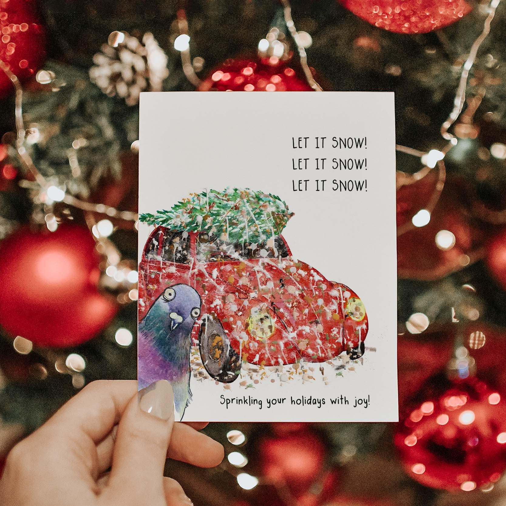 Pigeon Funny Christmas Cards - Let It Snow Bird Poop Christmas Tree Car - Funny White Christmas Snarky Card For Bird Lovers