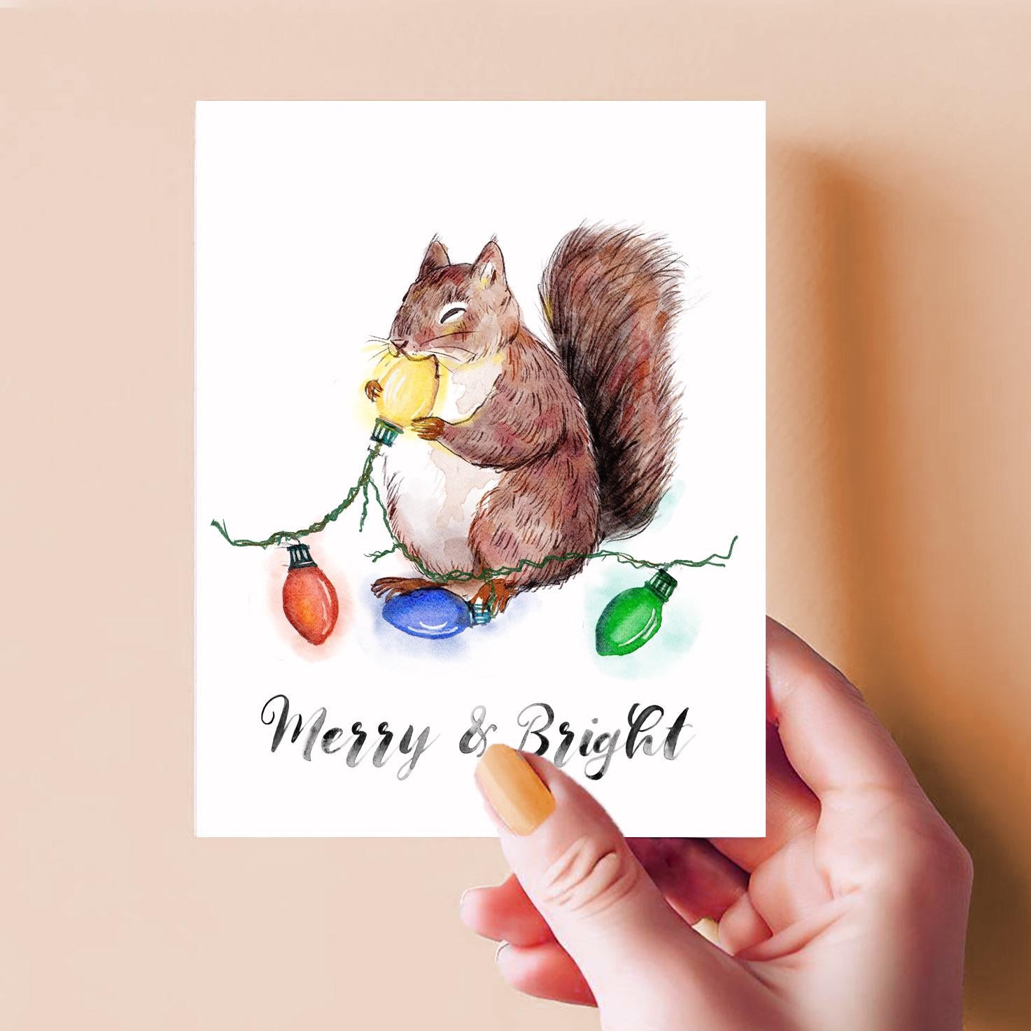 Squirrels Funny Christmas Cards - Merry And Bright Red Squirrel Eats String Lights - Cute Holiday Gift For Friends