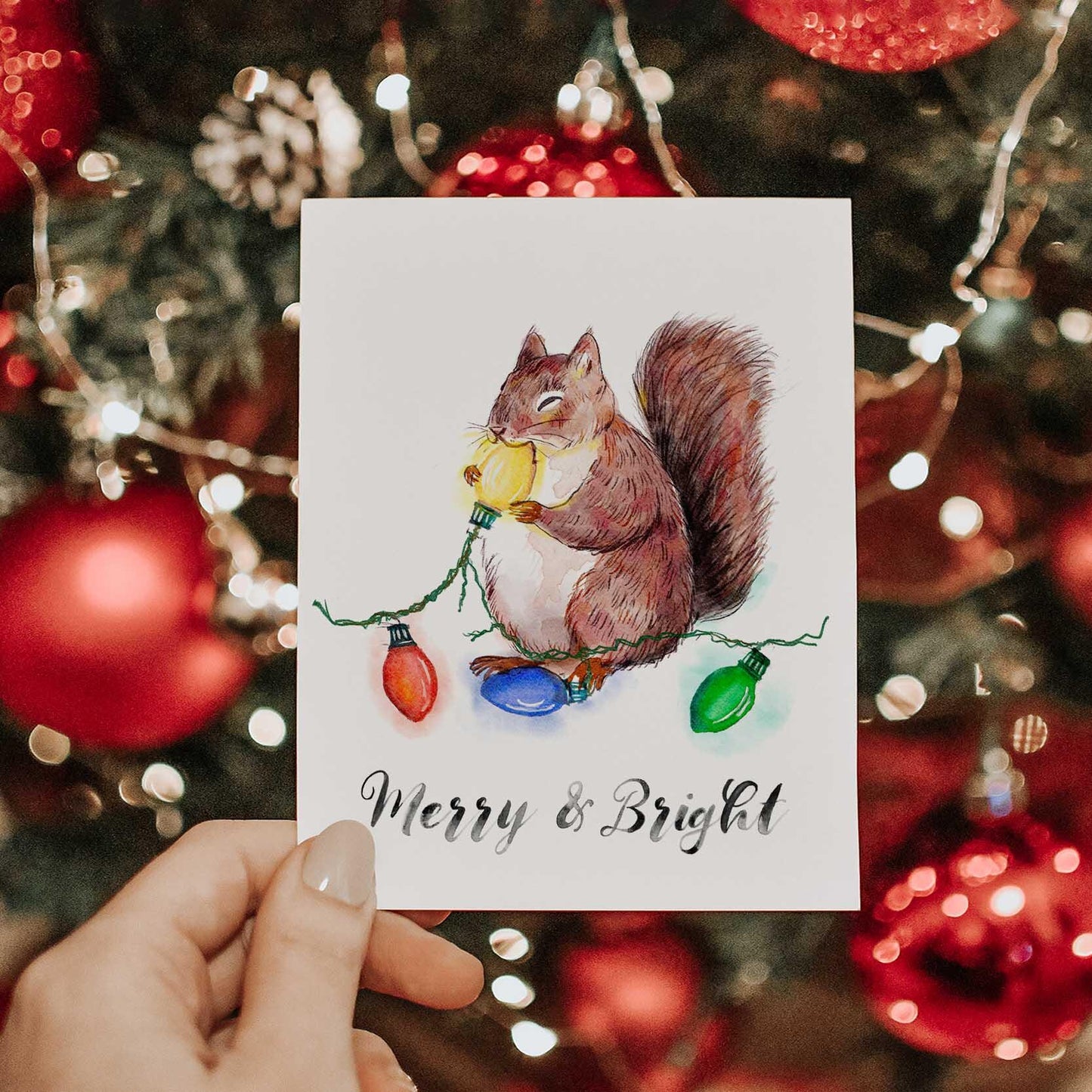 Squirrels Funny Christmas Cards - Merry And Bright Red Squirrel Eats String Lights - Cute Holiday Gift For Friends