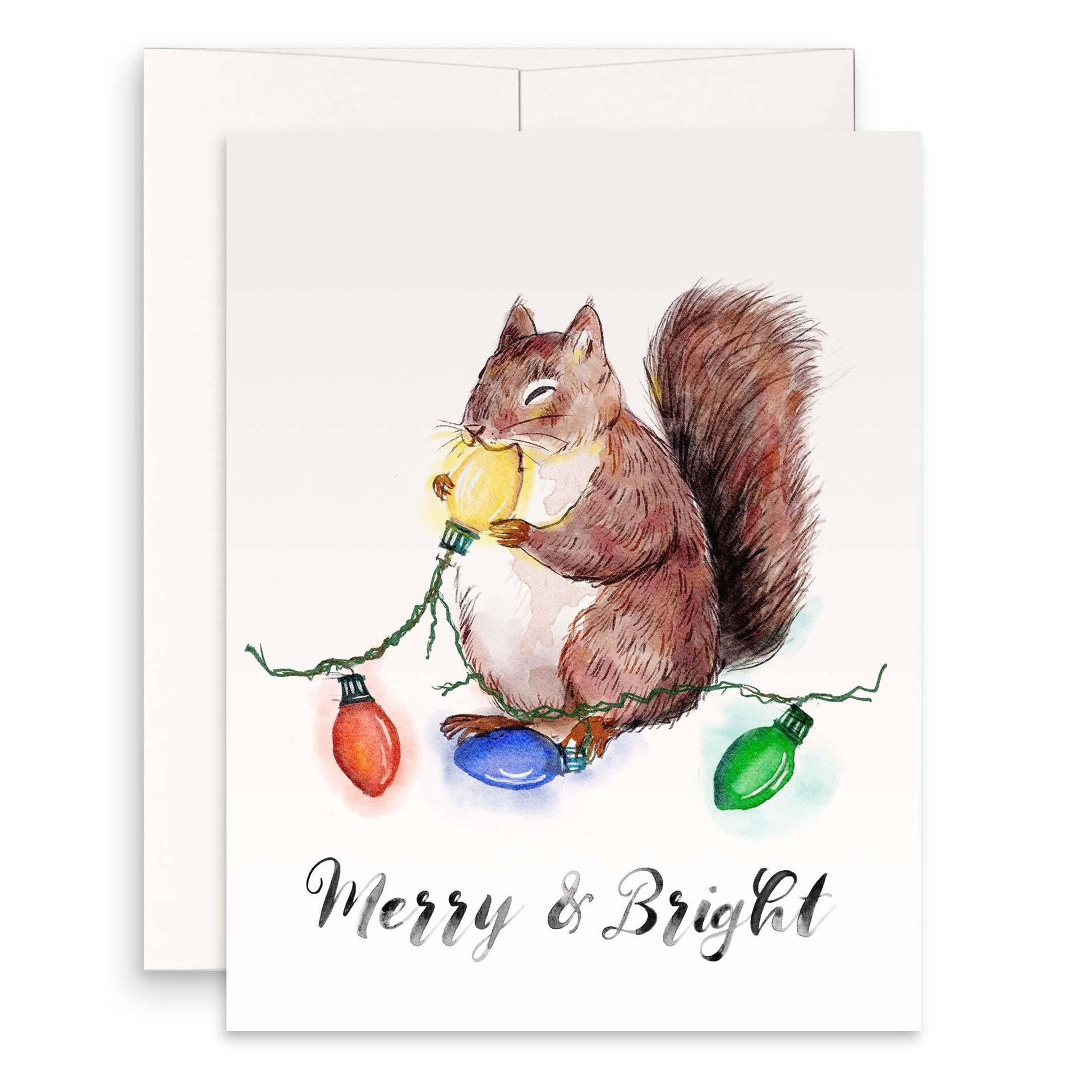 Squirrels Funny Christmas Cards - Merry And Bright Red Squirrel Eats String Lights - Cute Holiday Gift For Friends