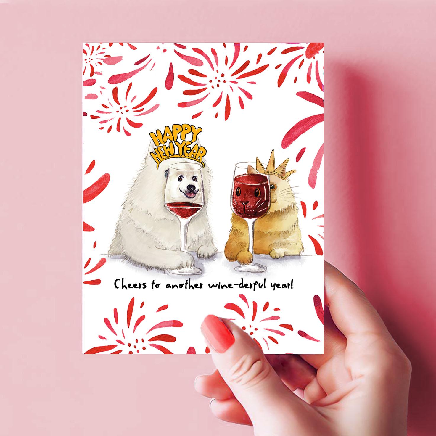 Cheers Happy New Year Card From Cat Dog - Red Wine Lovers Birthday Card For Best Friend- Liyana Studio Greeting Cards Handmade