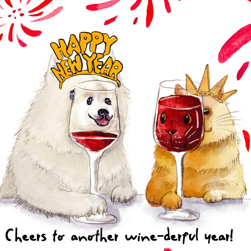 Cheers Happy New Year Card From Cat Dog - Red Wine Lovers Birthday Card For Best Friend- Liyana Studio Greeting Cards Handmade