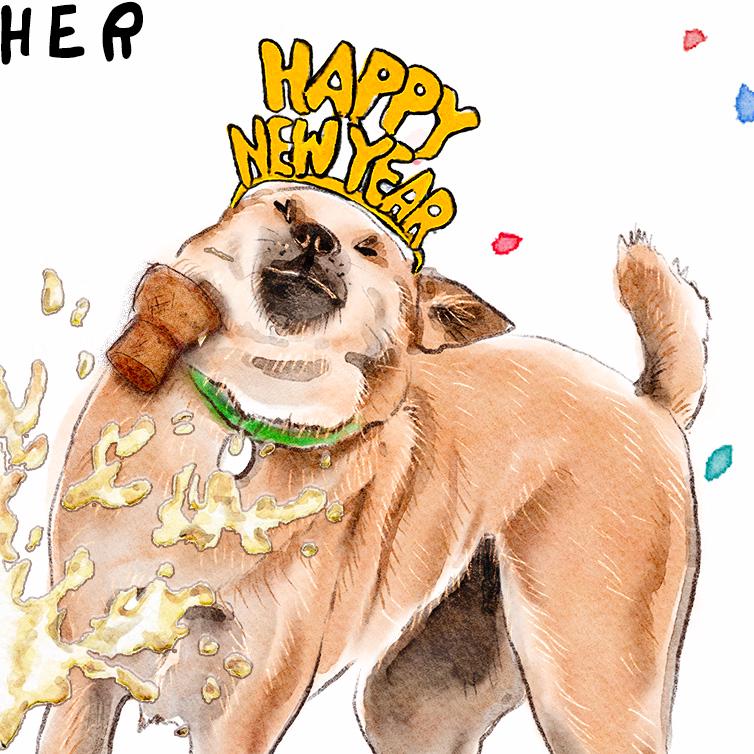 Happy New Year Cards 2025 - Champagne Bottle Open - Funny Dog Birthday Cards For Friends - Liyana Studio Greetings Handmade