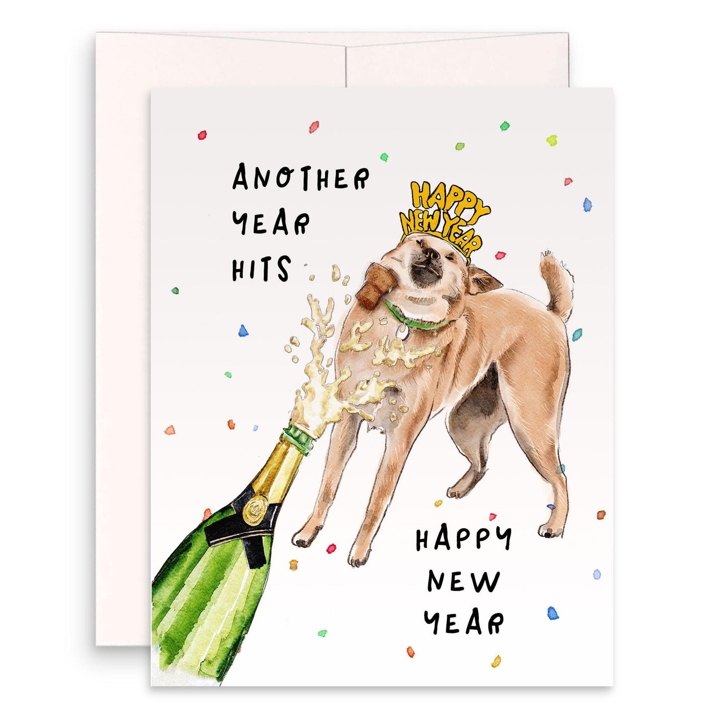 Happy New Year Cards 2025 - Champagne Bottle Open - Funny Dog Birthday Cards For Friends - Liyana Studio Greetings Handmade