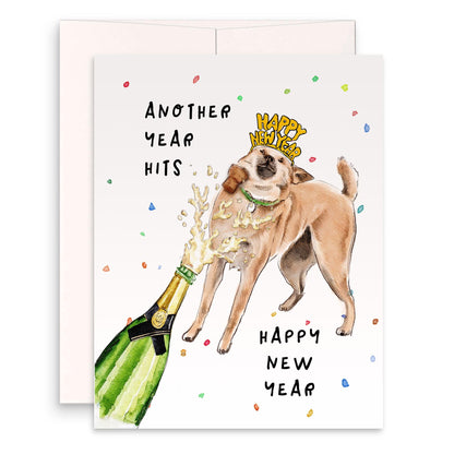 Happy New Year Cards 2025 - Champagne Bottle Open - Funny Dog Birthday Cards For Friends - Liyana Studio Greetings Handmade