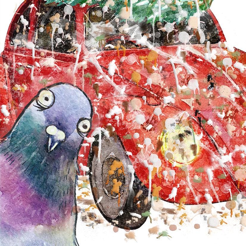 Pigeon Funny Christmas Cards - Let It Snow Bird Poop Christmas Tree Car - Funny White Christmas Snarky Card For Bird Lovers