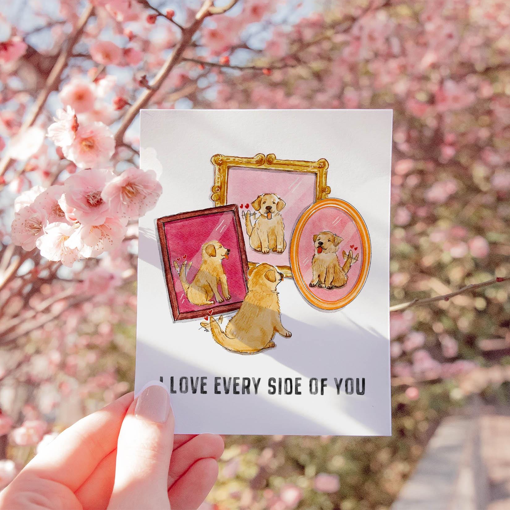 Puppy Love Card - I Love Every Side Of You - Golden Retriever Dog Valentine's Day Card - Liyana Studio Handmade Greeting Cards