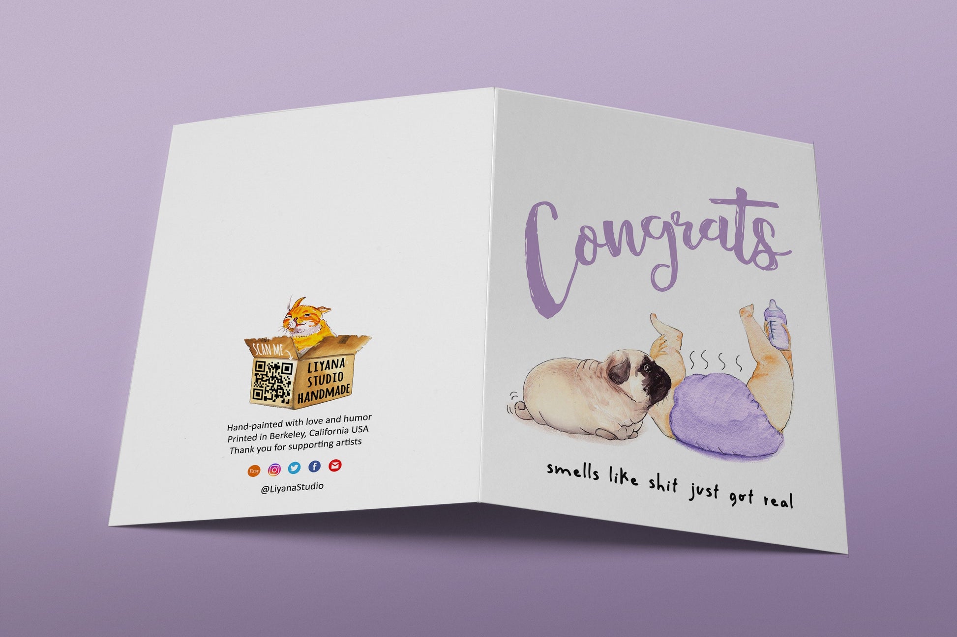 Pug New Baby Shower Card Funny - Shit Just Got Real - Congratulations For New Mom Gifts