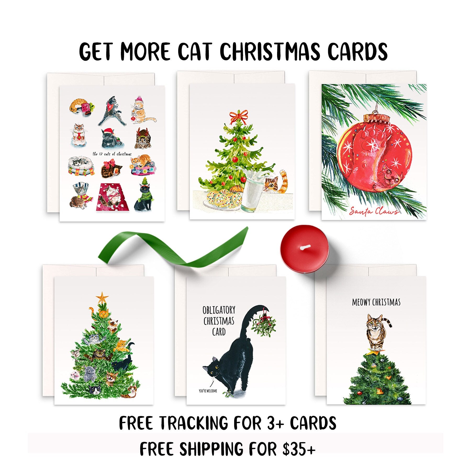 Funny Cat Christmas Cards - 12 Days Of Christmas Gifts For Cat Lovers - Handmade By Liyana Studio Greeting Cards