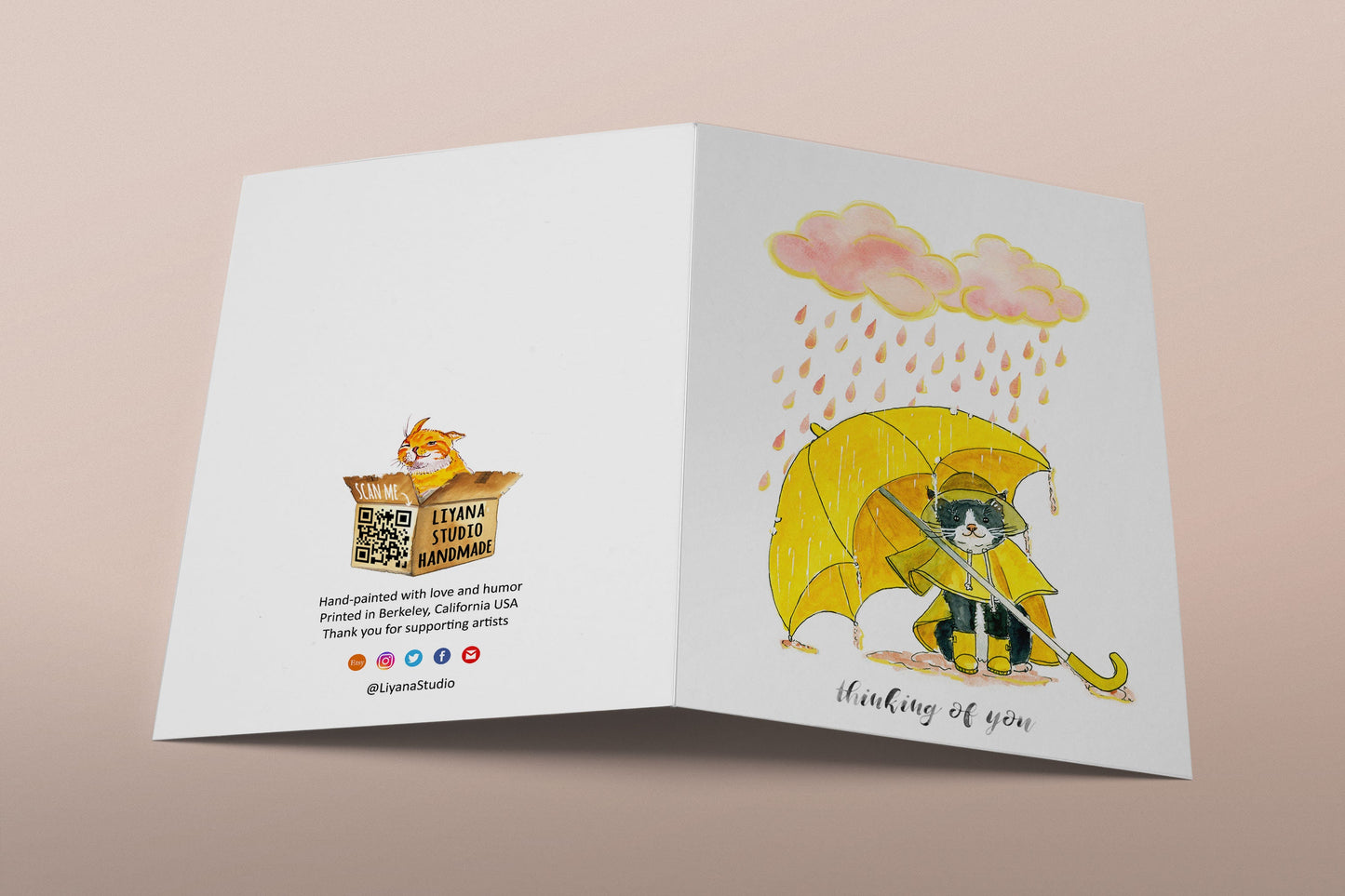 Silver Lining Cat Thinking Of You Card For Best Friends - Sympathy Card From Black And White Tuxedo Cat - Rainy Day Cloud