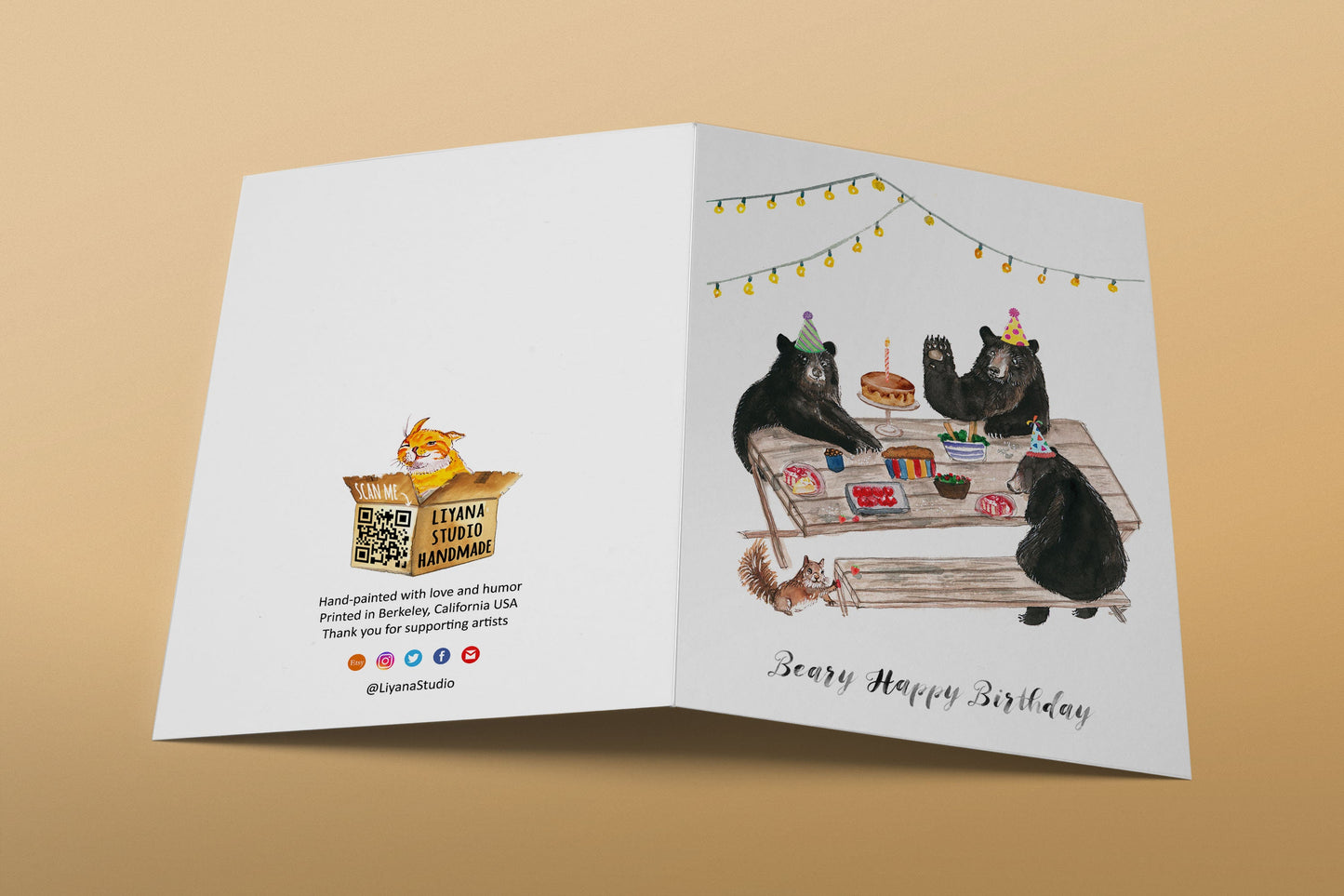 Black Bear Birthday Cards For Her - Picnic Kids Birthday Party Card - Whimsical Woodland Animals Birthday Card Funny - Liyana Studio