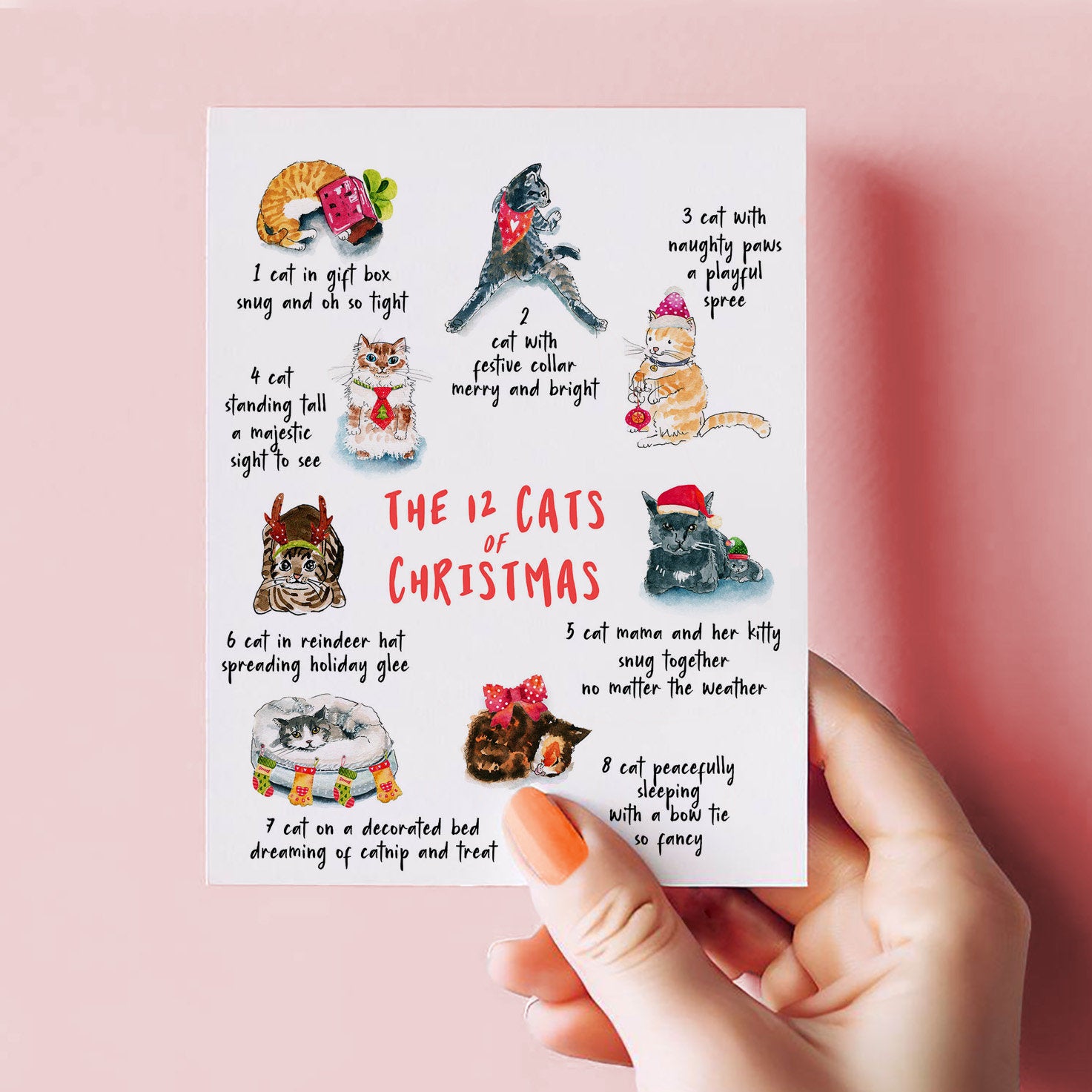 Funny Cat Christmas Cards - 12 Days Of Christmas Gifts For Cat Lovers - Handmade By Liyana Studio Greeting Cards