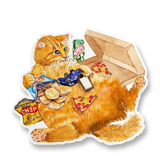 Cat Snacking Gamer Sticker - Pizza Snack Food Sticker For Video Gaming - Nerdy Gamer Vinyl Sticker Waterproof