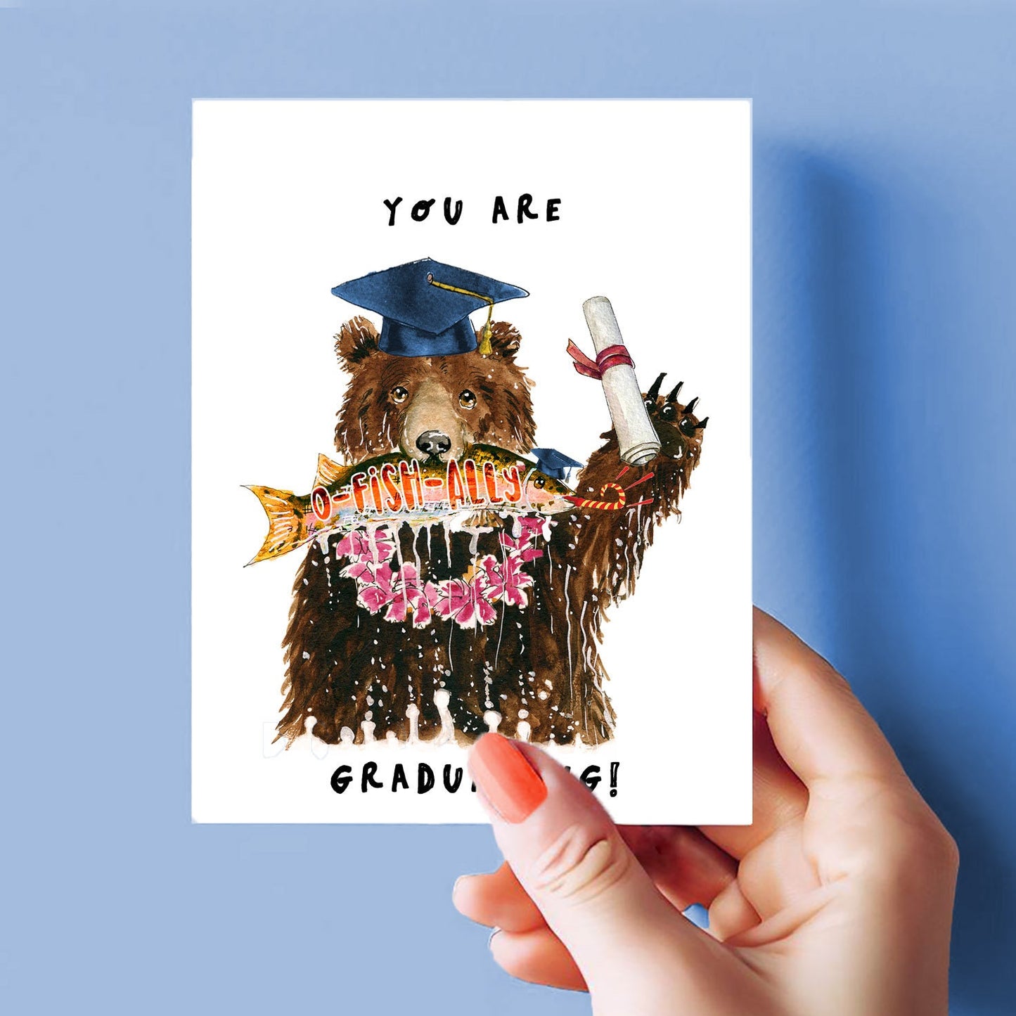 Bear Fishing Funny Graduation Card 2024 -Bear Graduation Gift For Son - Liyana Studio Handmade Greeting Cards