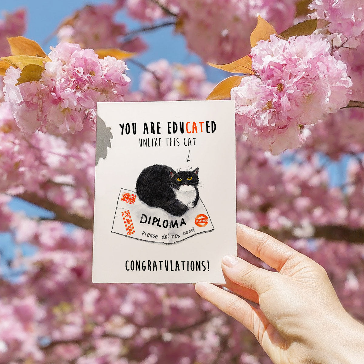 Black and white tuxedo cat lounges on a bent diploma in a cute and funny graduation card. Caption: &#39;You are edu-cat-ed, unlike this cat—congratulations!&#39; Ideal for cat lovers and recent grads with a sense of humor.