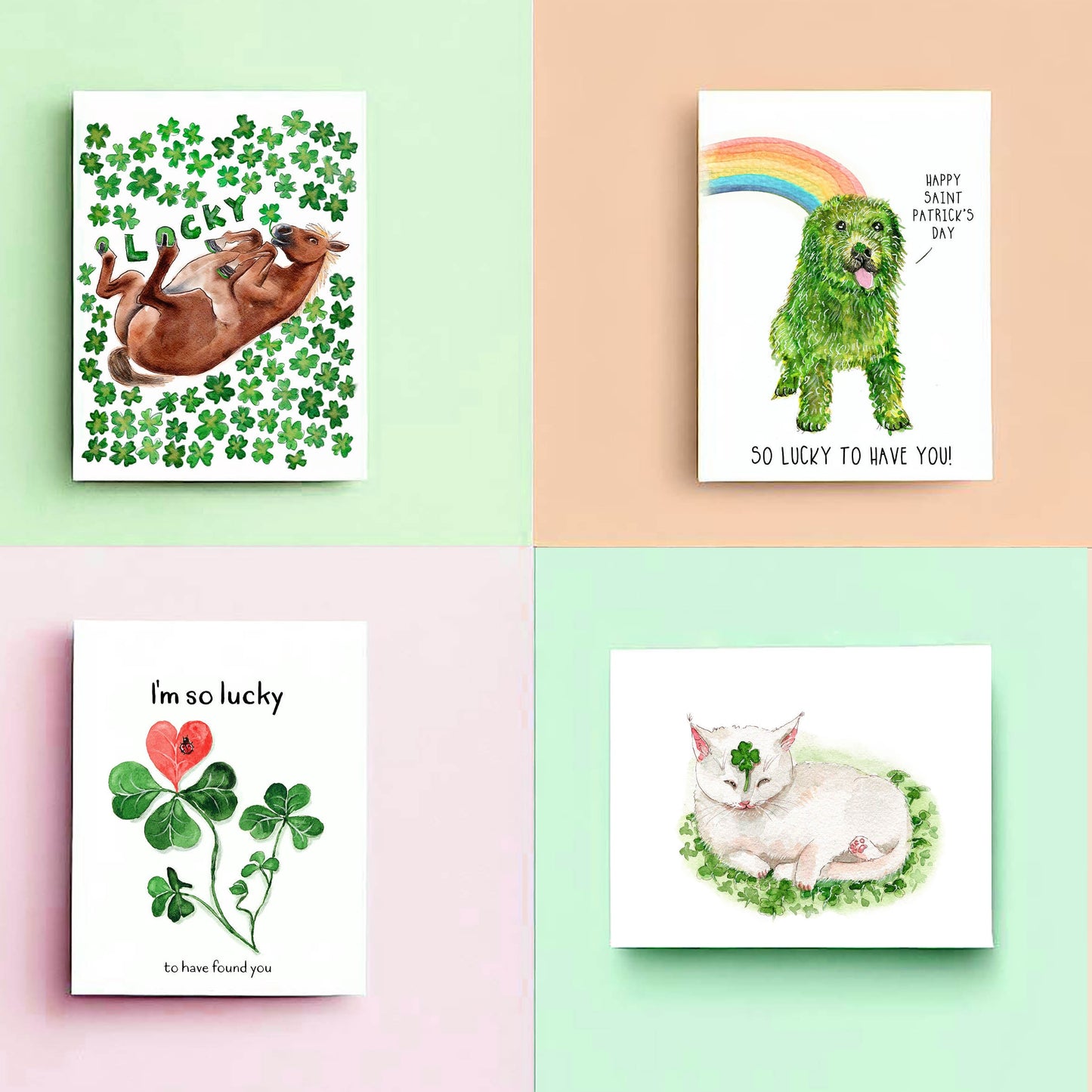 Lucky Clovers Horse Good Luck Card For Friends - Four Leaf Shamrock Cards For Horse Lovers - Saint Patrick's Day Card For Her